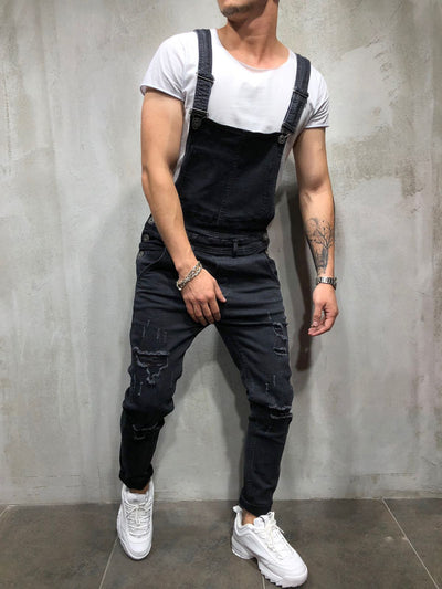 Men's Skinny Fit Distressed Denim Overalls