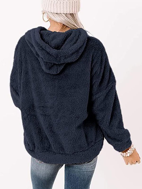 Long Sleeve Plush Pullover Loose Drawstring Hoodie with Pockets