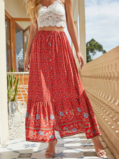 Bohemian Print Patterned Buttoned Slit Skirt