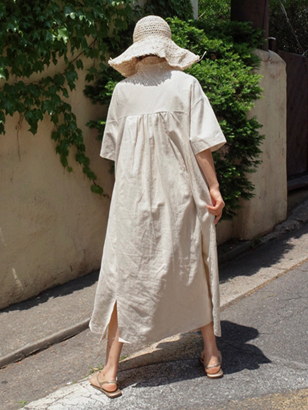 Vestido camisero holgado de algodón y lino con cuello en V