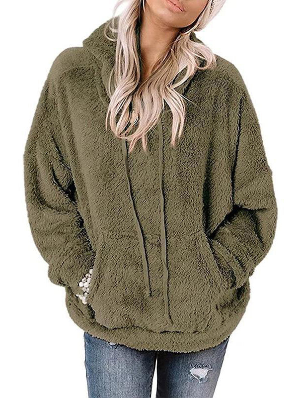 Long Sleeve Plush Pullover Loose Drawstring Hoodie with Pockets