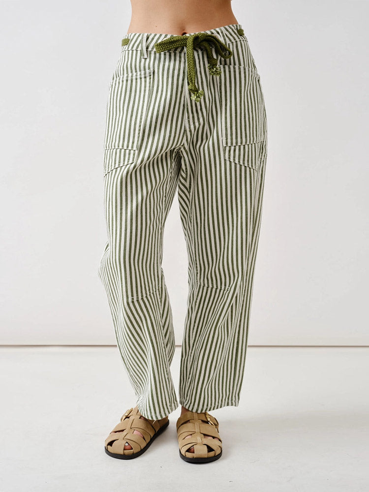 Pantalones de barril de corte relajado con rayas de ferrocarril