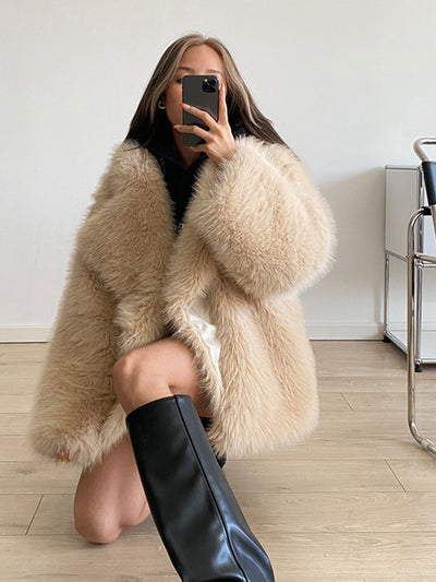 Loose Lapel Long Sleeve V-neck Faux Fur Coat