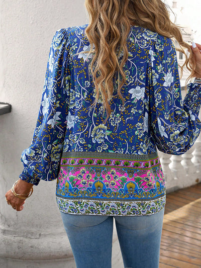 Blusa con lazo en el cuello y estampado floral bohemio