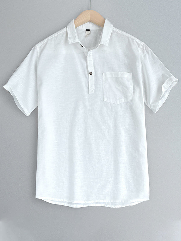 Polo de manga corta de algodón y lino de color liso para hombre