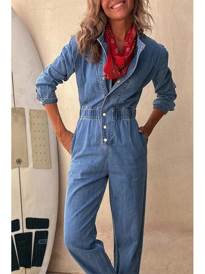 Women's Button-Front Relaxed Denim Jumpsuit