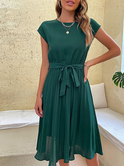Women's Belted Pleated Midi Dress