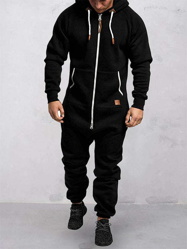 Hooded Fleece Zipper Solid Color Jumpsuit