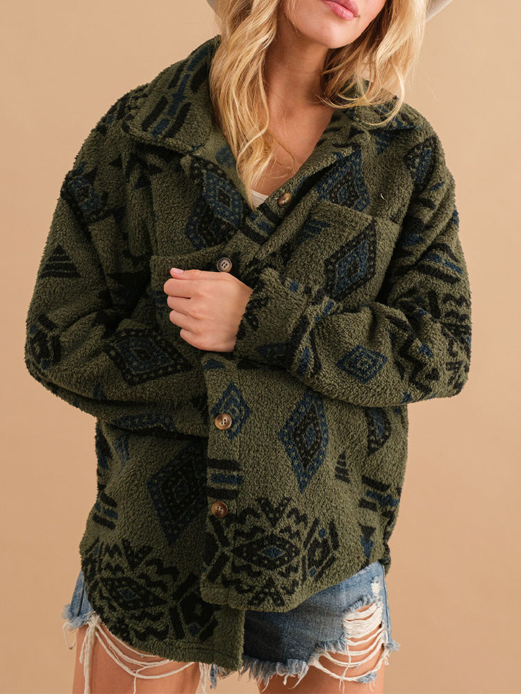 Women's Vintage-Inspired Geometric Pattern Plush Jacket