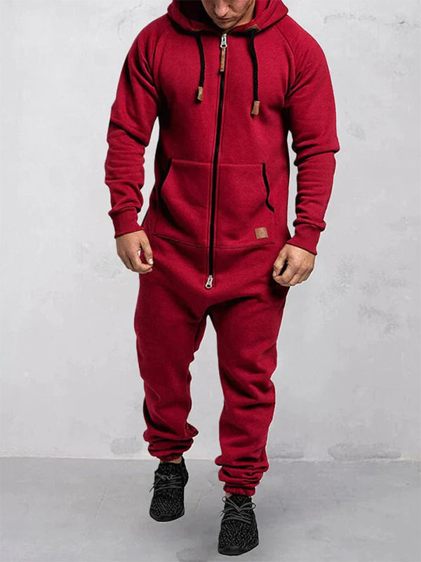 Hooded Fleece Zipper Solid Color Jumpsuit