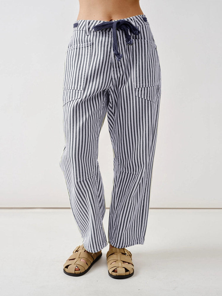 Pantalones de barril de corte relajado con rayas de ferrocarril
