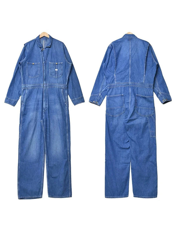 Men's Zipper Multi Pocket Long Sleeve Denim Coveralls