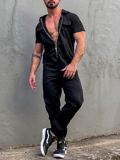 Men's Casual Zipper Neck Cargo Jumpsuit