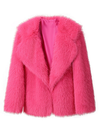 Loose Lapel Long Sleeve V-neck Faux Fur Coat