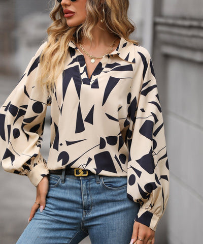 Blusa de manga larga con cuello en V y estampado geométrico para mujer