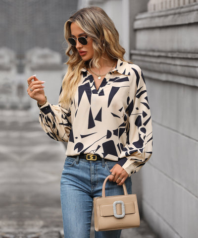 Blusa de manga larga con cuello en V y estampado geométrico para mujer