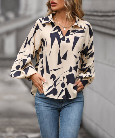 Blusa de manga larga con cuello en V y estampado geométrico para mujer