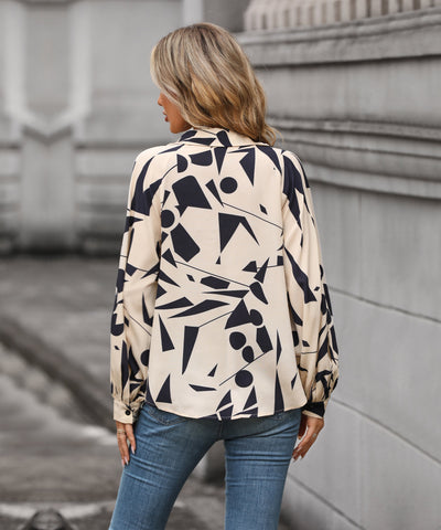 Blusa de manga larga con cuello en V y estampado geométrico para mujer