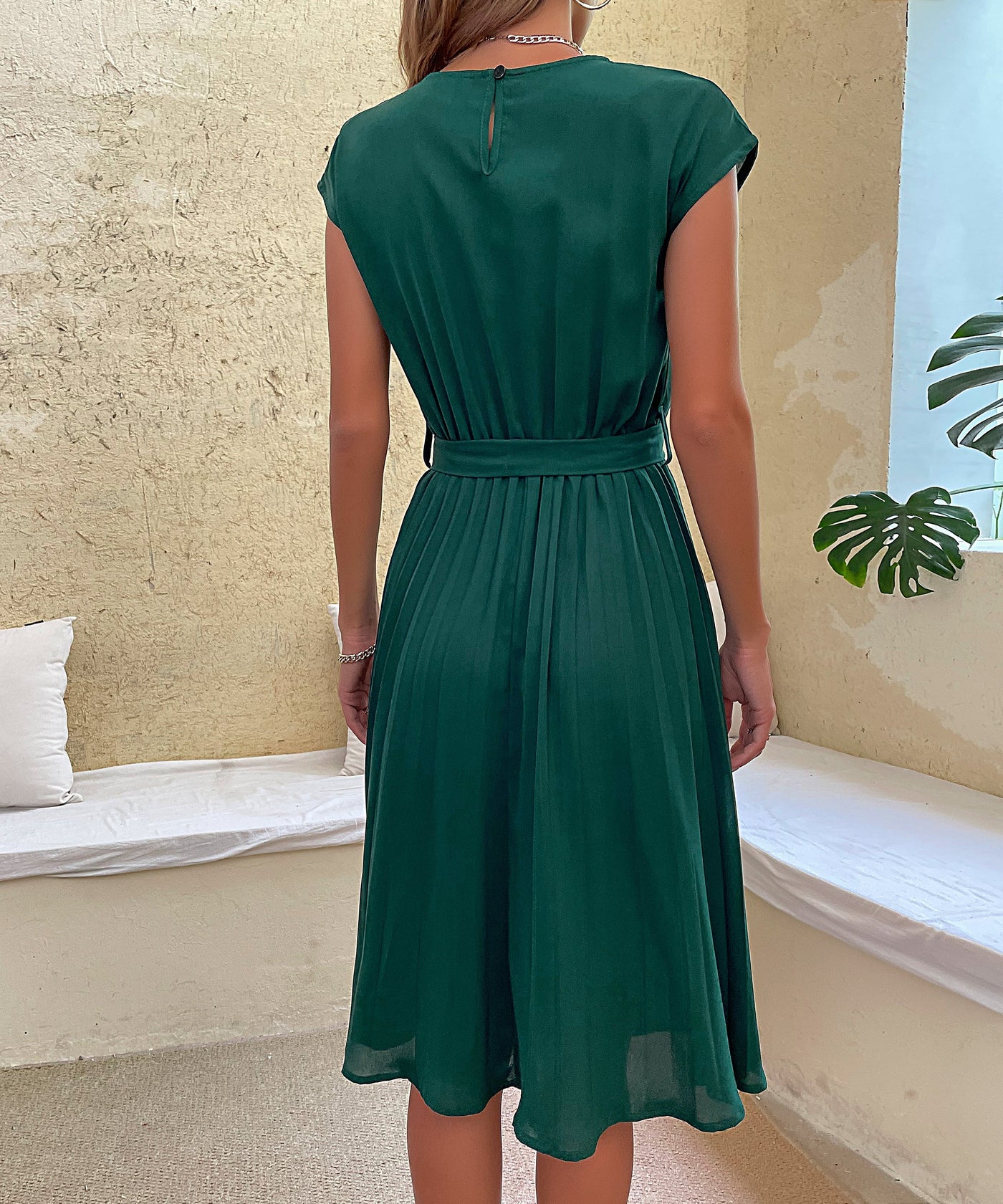Women's Belted Pleated Midi Dress