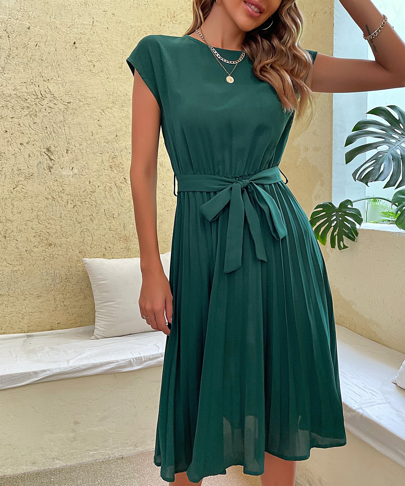 Women's Belted Pleated Midi Dress