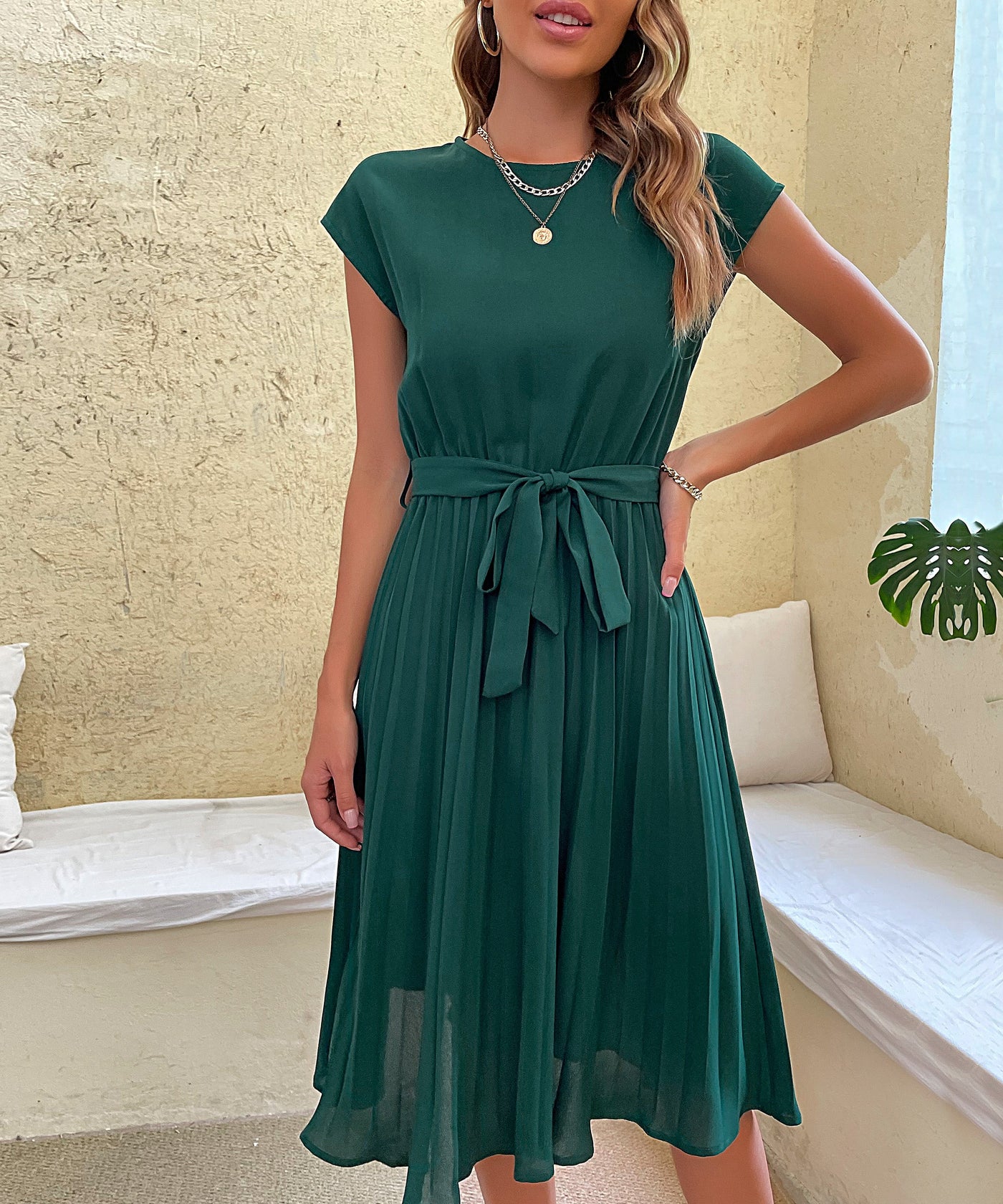Women's Belted Pleated Midi Dress