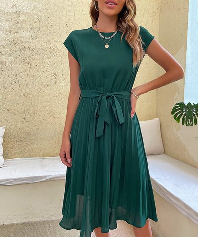 Women's Belted Pleated Midi Dress