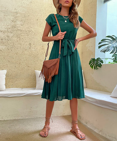 Women's Belted Pleated Midi Dress