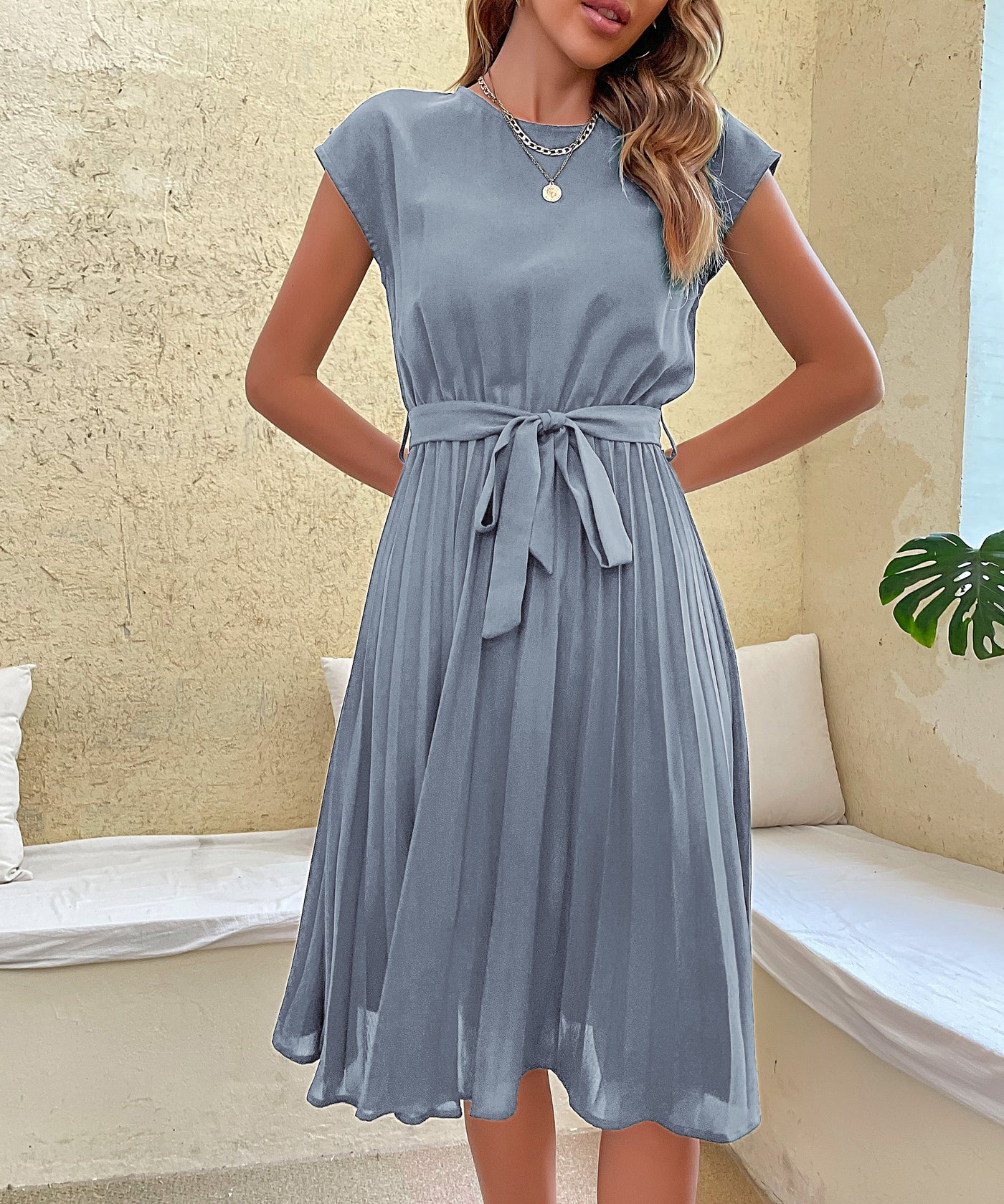 Women's Belted Pleated Midi Dress