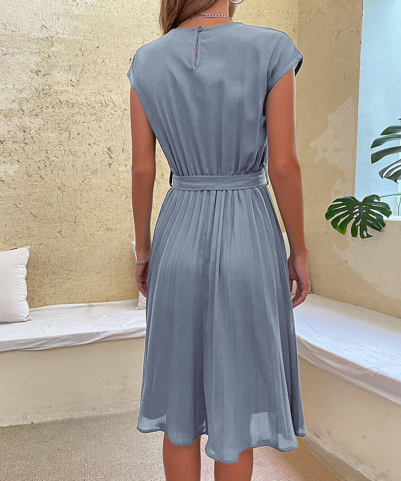 Women's Belted Pleated Midi Dress