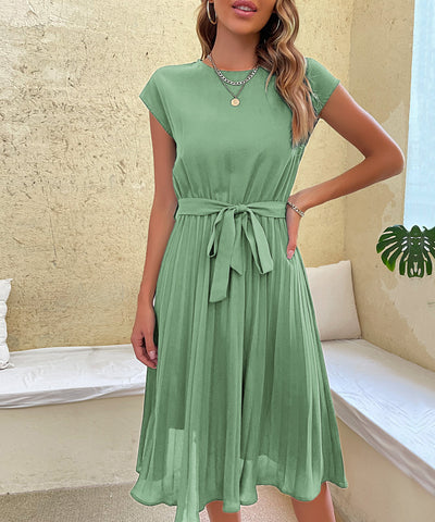 Women's Belted Pleated Midi Dress