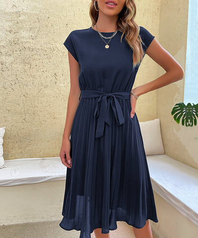 Women's Belted Pleated Midi Dress