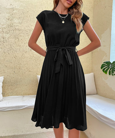 Women's Belted Pleated Midi Dress