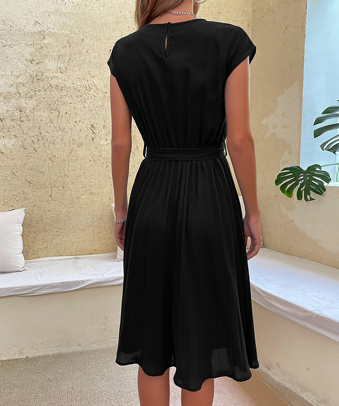 Women's Belted Pleated Midi Dress
