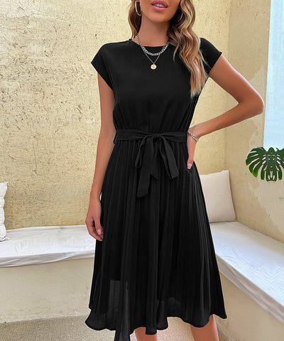 Women's Belted Pleated Midi Dress