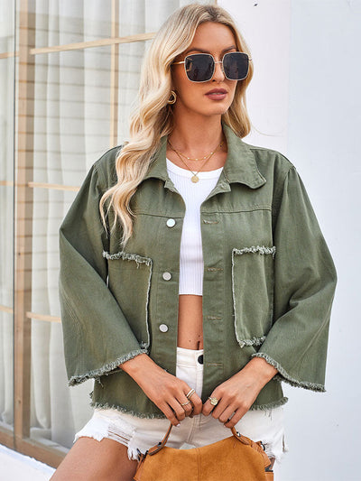 Women's Vintage-Inspired Distressed Hem Denim Jacket