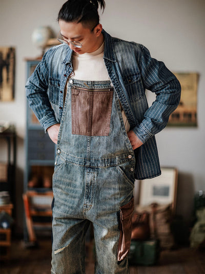 Men's Contrast Overalls Distressed Denim Dungarees