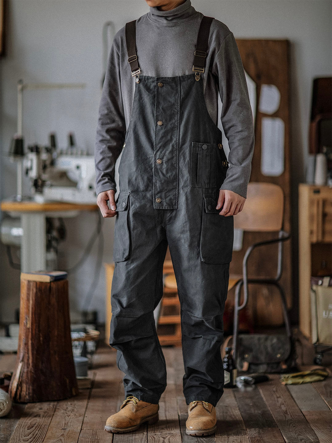 Mono de lona para hombre con bolsillos con solapa y botones en la parte delantera, ropa de trabajo