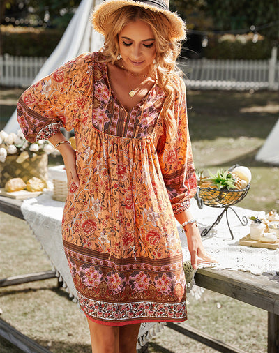Bohemian Floral Print Midi Dress