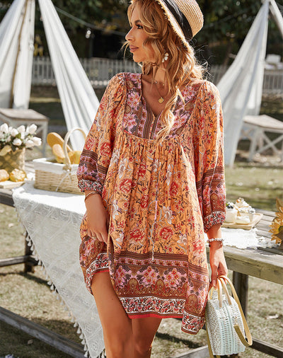 Bohemian Floral Print Midi Dress