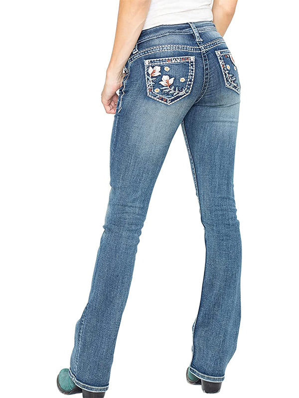 Jeans bootcut elásticos de tiro medio con bordado floral desgastado y lavado